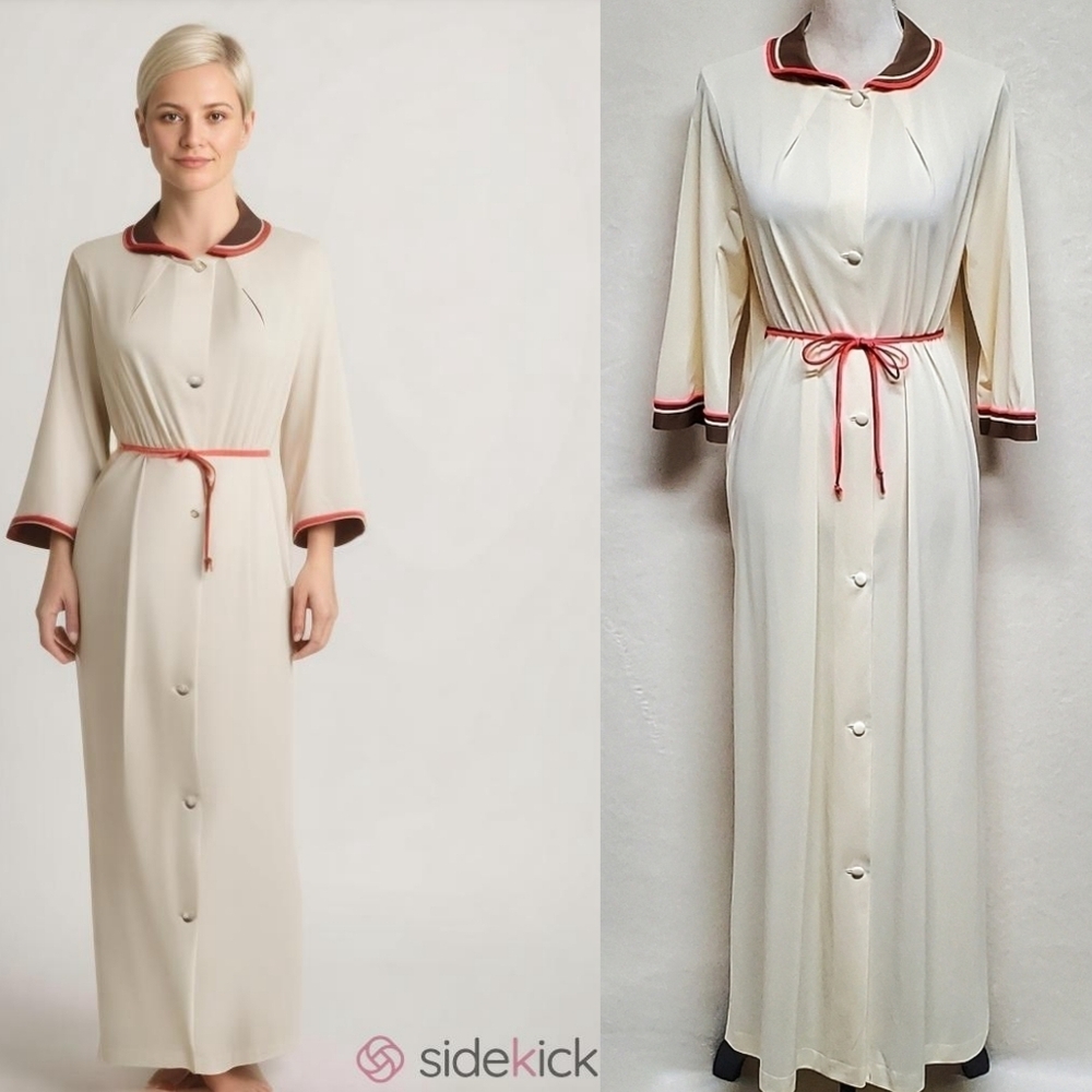 50s Vintage Lorraine Neon Pink Cream Flare Sleeve Tie-Waist Long Robe Nightgown